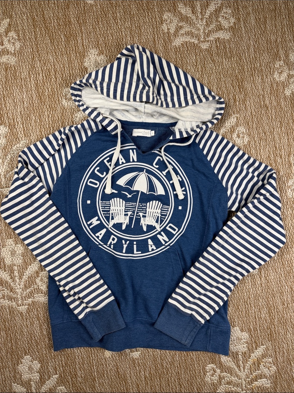 Coconut Creek Ocean City Maryland Striped Sleeve Hoodie Sweatshirt - Blue